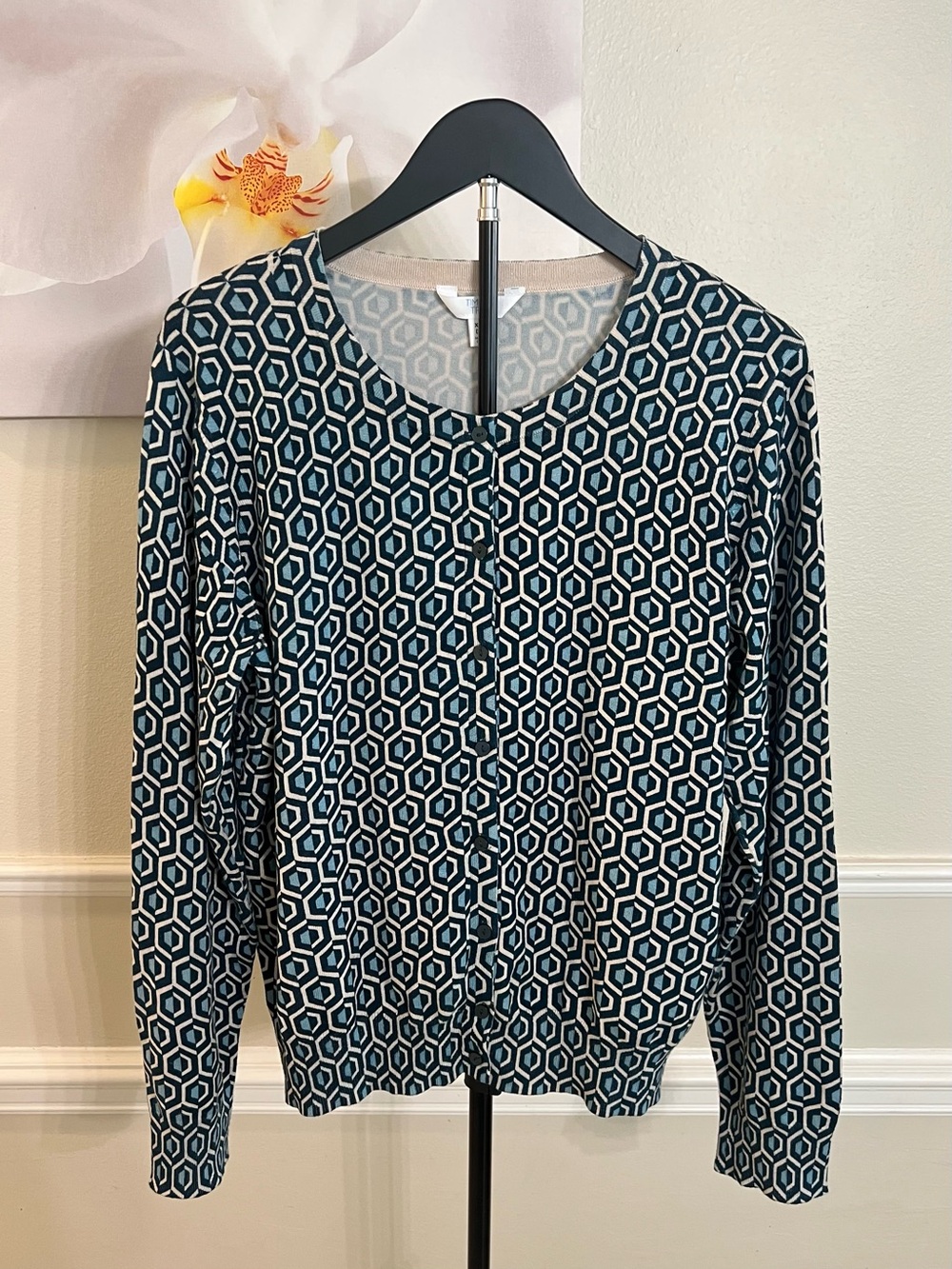 Time & Tru Geometric Blue Long Sleeve Button Up Sweater! Women's Plus XXL.